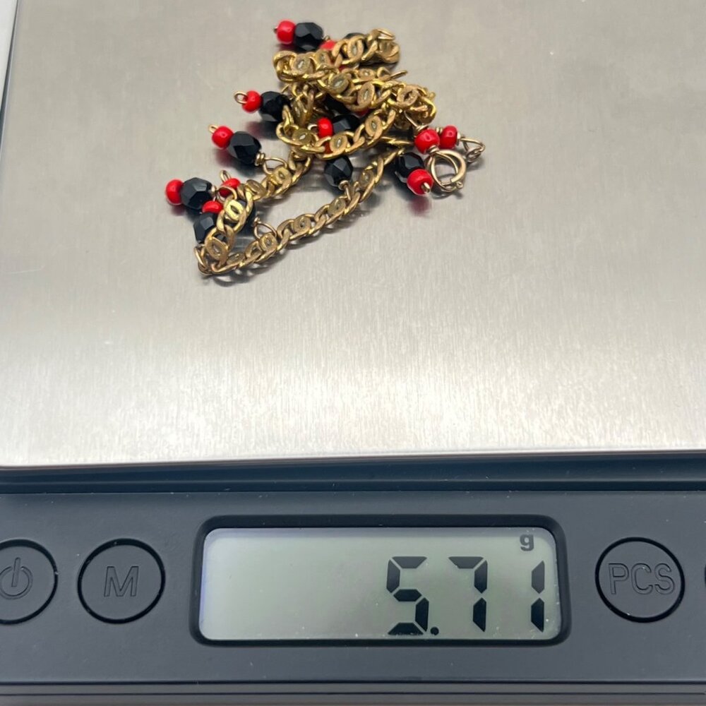 Vintage 1/20 14K Gold-Filled Anklet Bracelet Black Red Bead Charms Dangle 9.5" - Picture 8 of 9